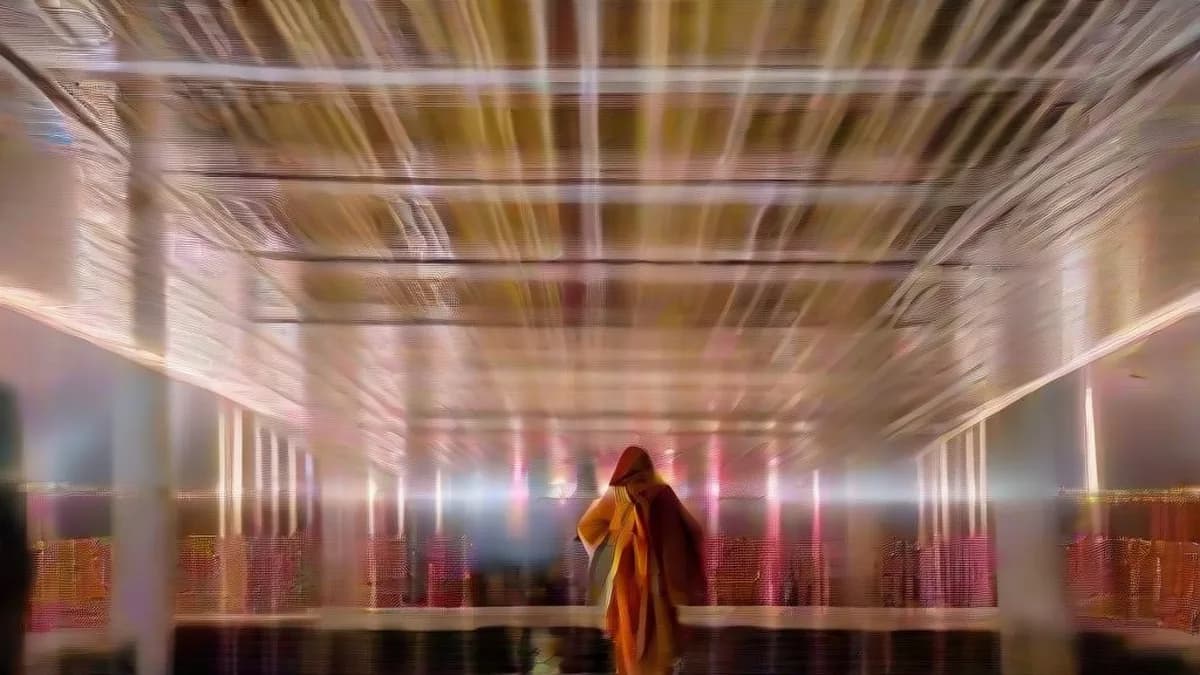 Crowd of people celebrating Durga Puja inside a brightly lit community pandal in Delhi.